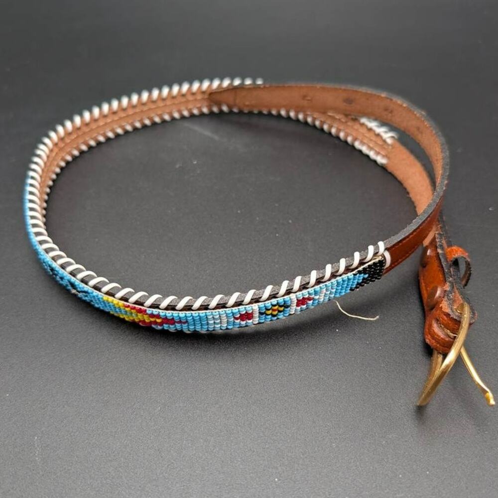 Vintage Yellowstone Belt Sz 29 Genuine Cowhide Hand Beaded Brown Made in Mexico